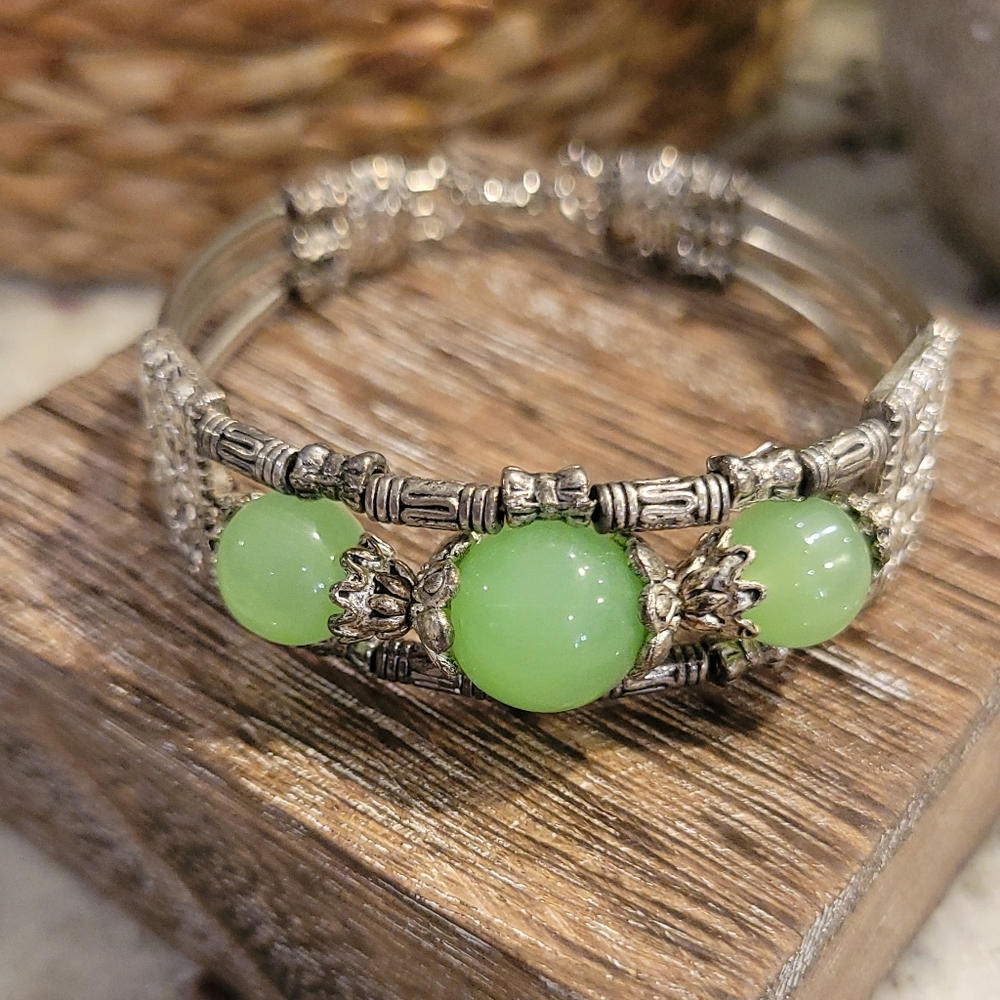 Silver and Pale Green Stone Bracelet